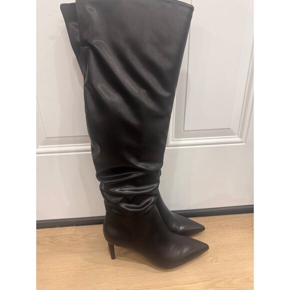 Black Knee-High Faux Leather Stiletto Boots Size 9.5M With Side Zipper Closure - Picture 1 of 7